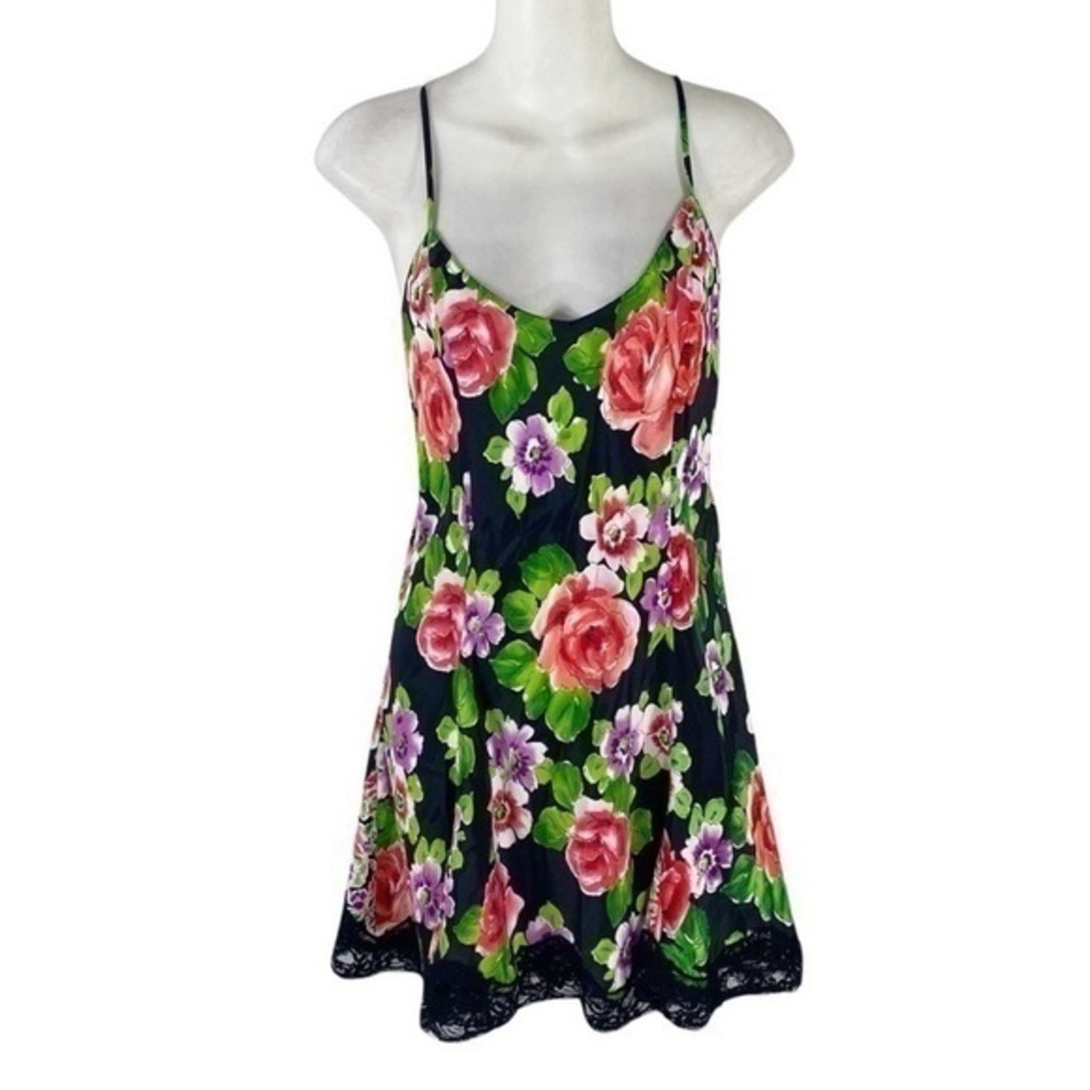 Victoria’s Secret Vintage Satin Black Floral Lace Trim Slip Nightgown Lingerie